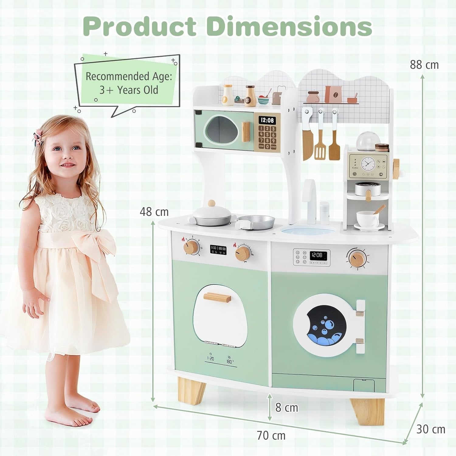 Kids Wooden Play Kitchen w/ Coffee Maker Microwave Green Toy