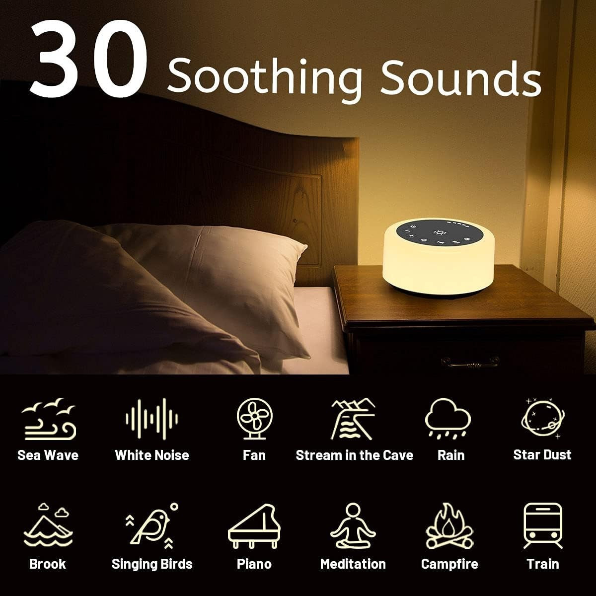 White Noise Machine for Baby Kids Adults with 30 Soothing Sounds & Night Light