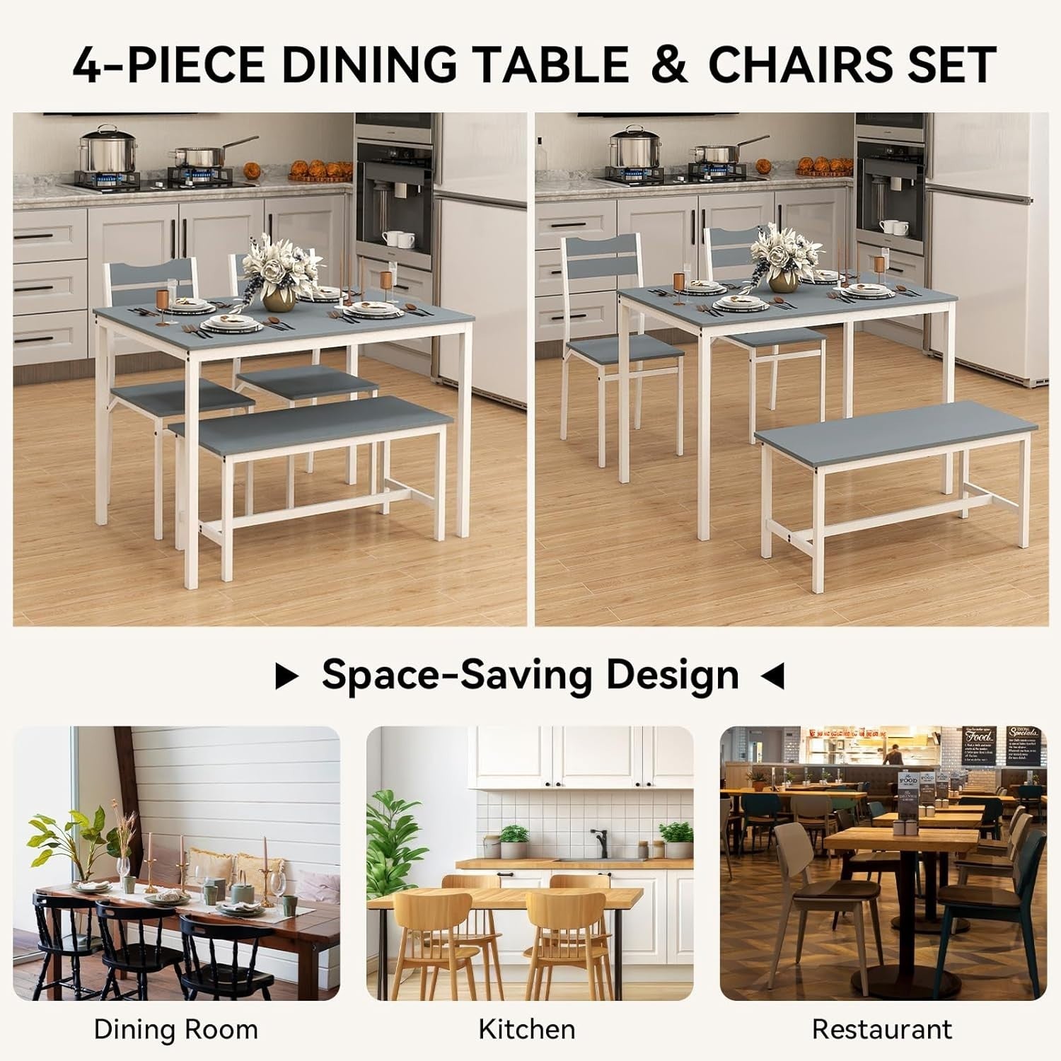 Space-Saving Grey Dining Table Set with 2 Chairs & Bench – Modern Kitchen