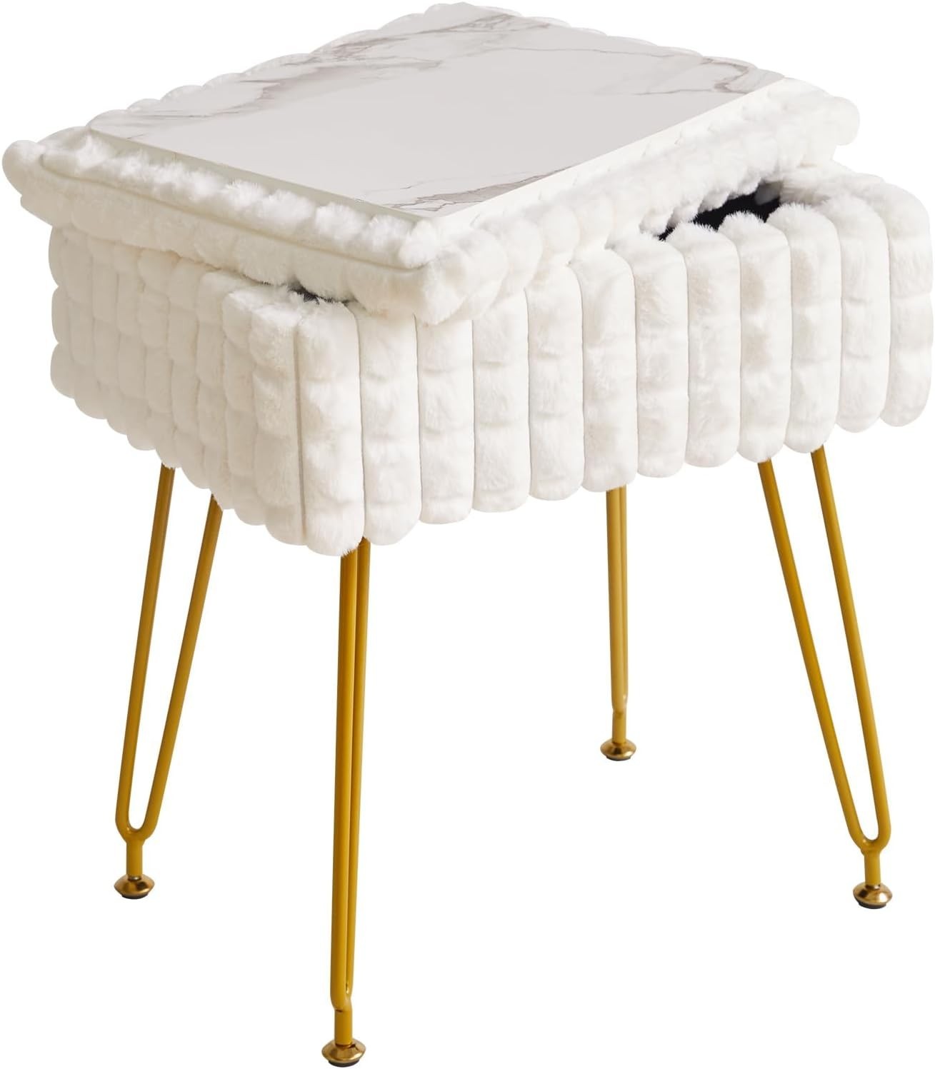 Creamy-White Velvet Round Vanity Stool with Golden Steel Legs