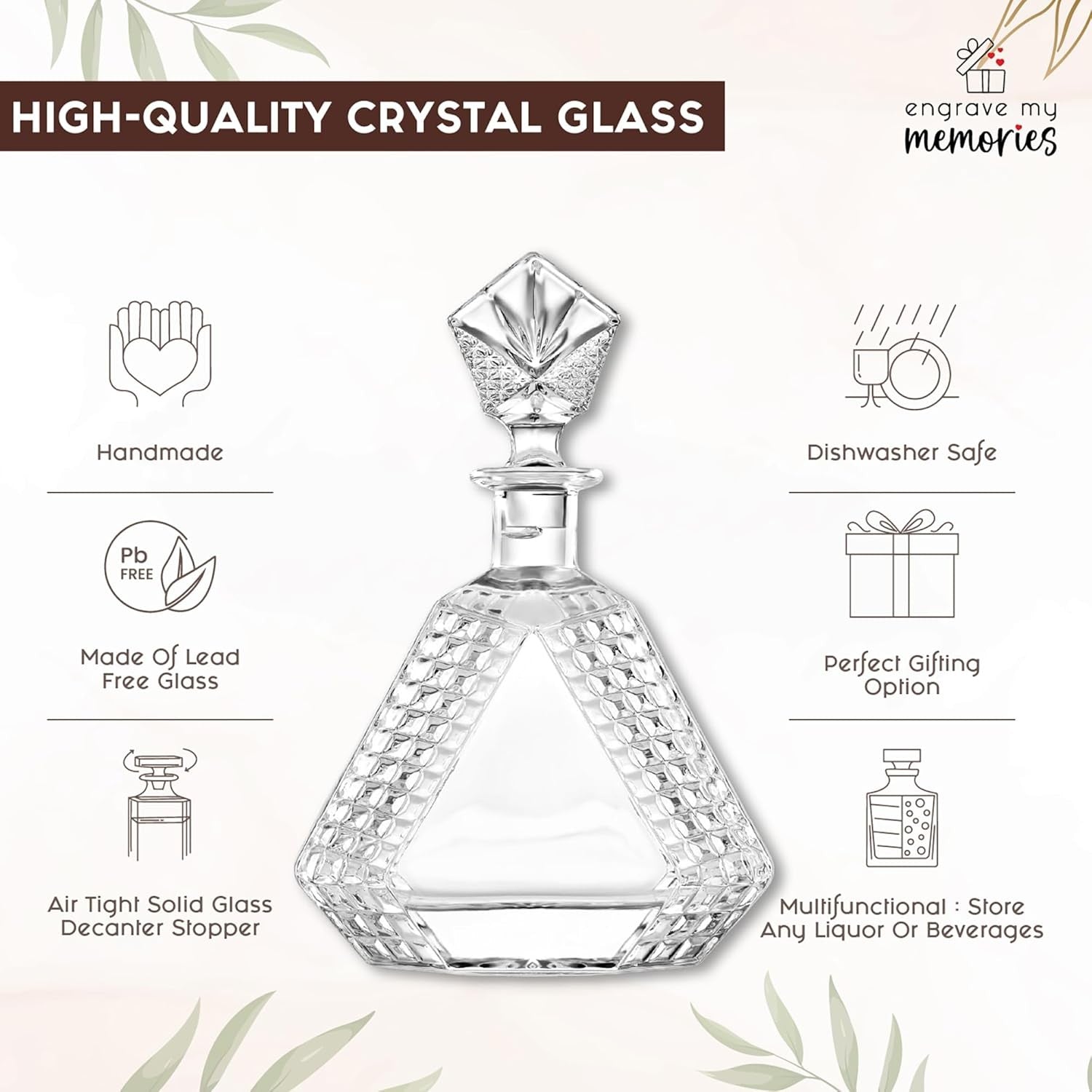 650ml Triangle Whiskey Decanter Crystal Liquor Bottle with Solid Glass Stopper