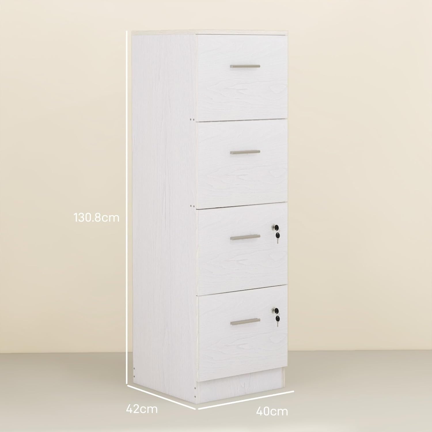 4 Drawer Vertical Filing Cabinet with Lock Office Storage White Wood Effect