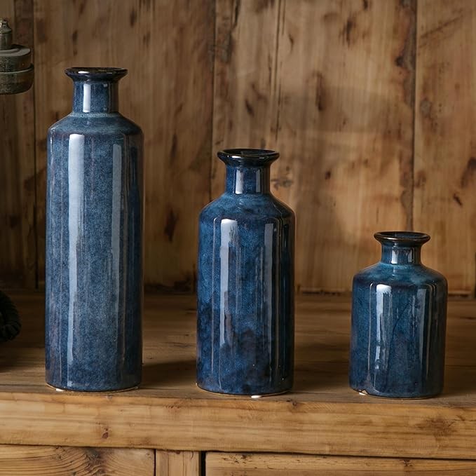 Blue Ceramic Vase Set Modern Decorative Bottle Vases for Home Decor