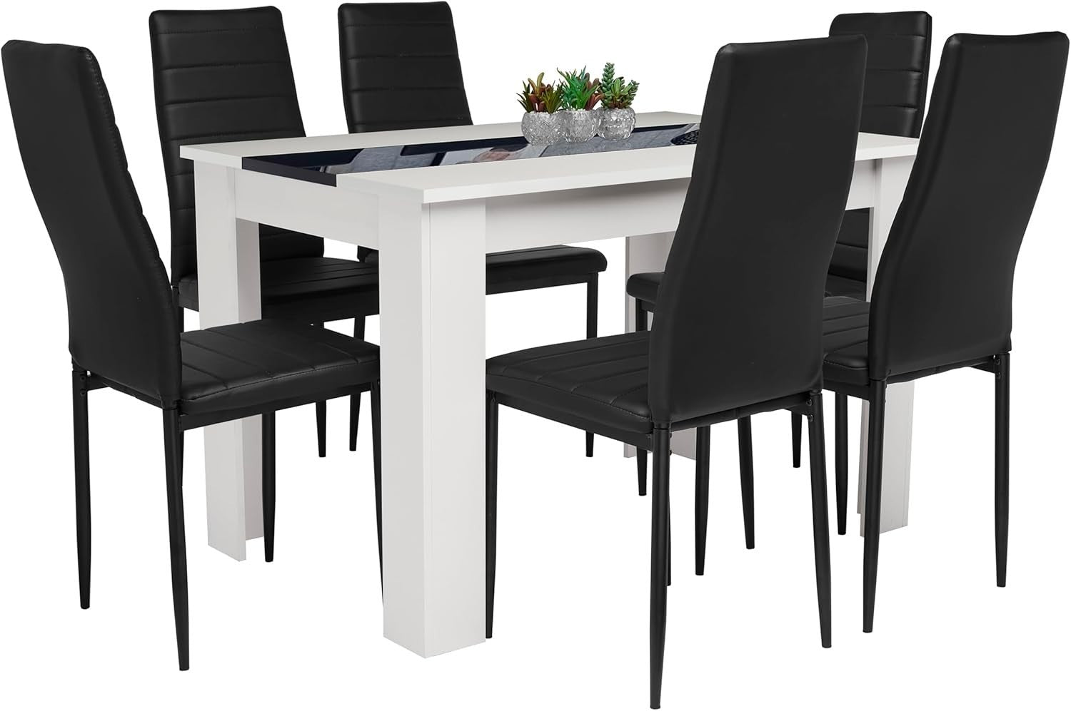 Modern Dining Table Set 6 PU Leather Chairs White Black 140cm x 80cm