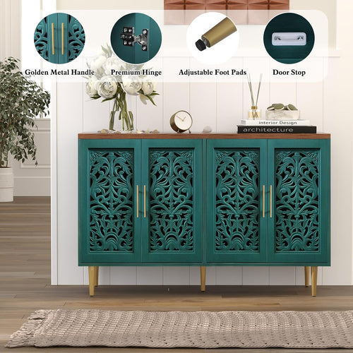 Vintage Green Sideboard Cabinet 4 Doors Hollow Carved Buffet Storage Unit