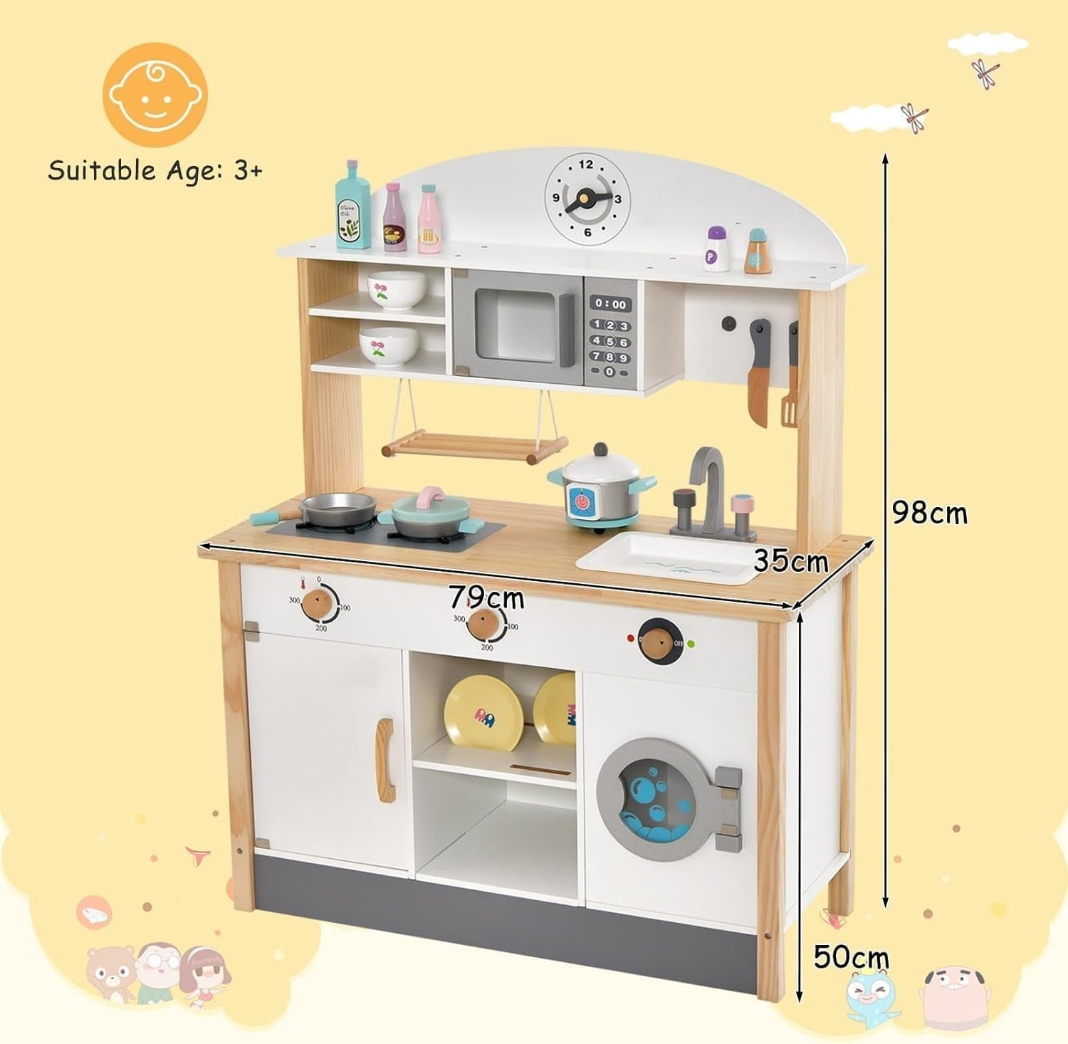 Wooden Kids Play Kitchen Microwave Washer Cooking Toy Set