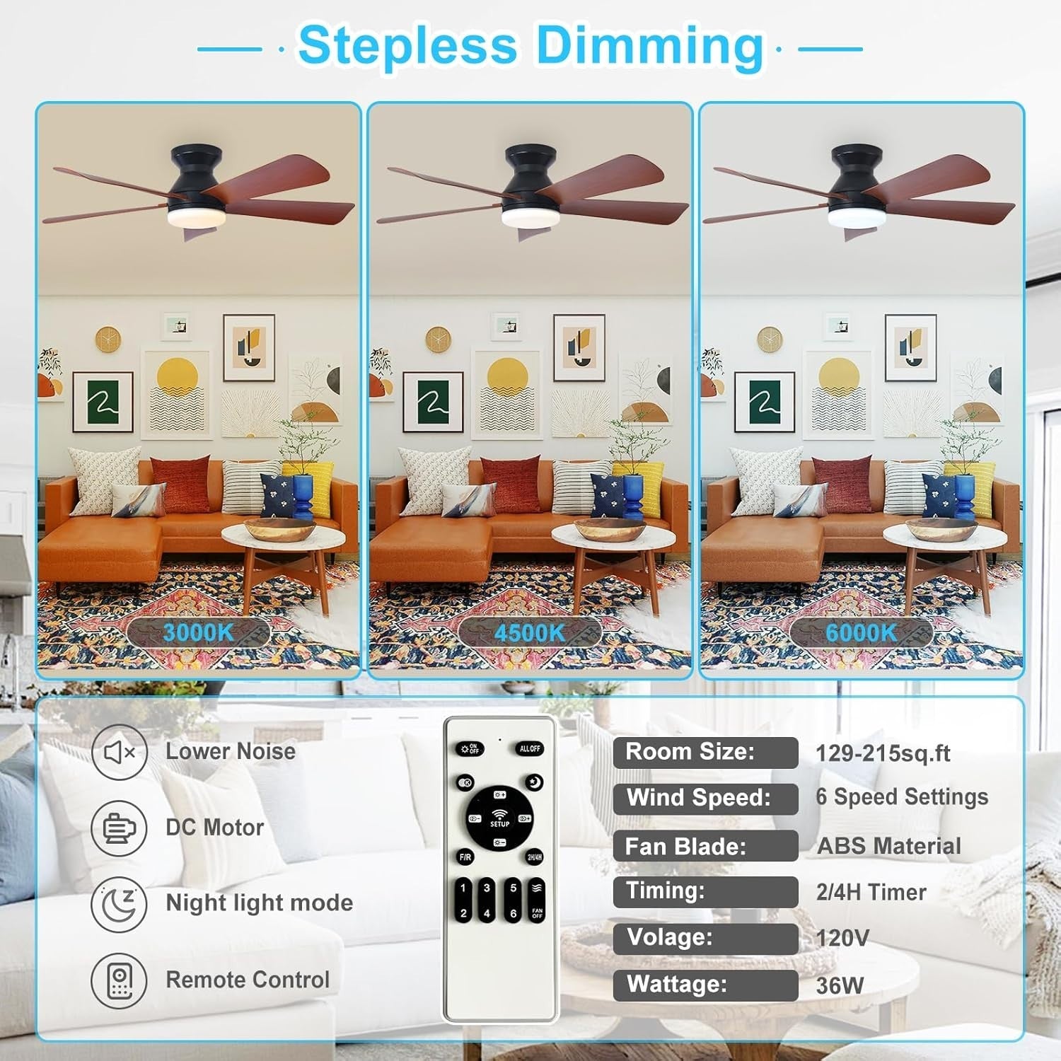 42" Ceiling Fan, 5 Walnut Blades, 6 Speeds, LED Light, Remote