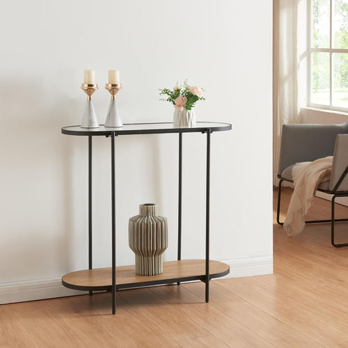 Stylish Console Table with Glass Top & Oak Shelf, 80x30x80cm, Slim Design