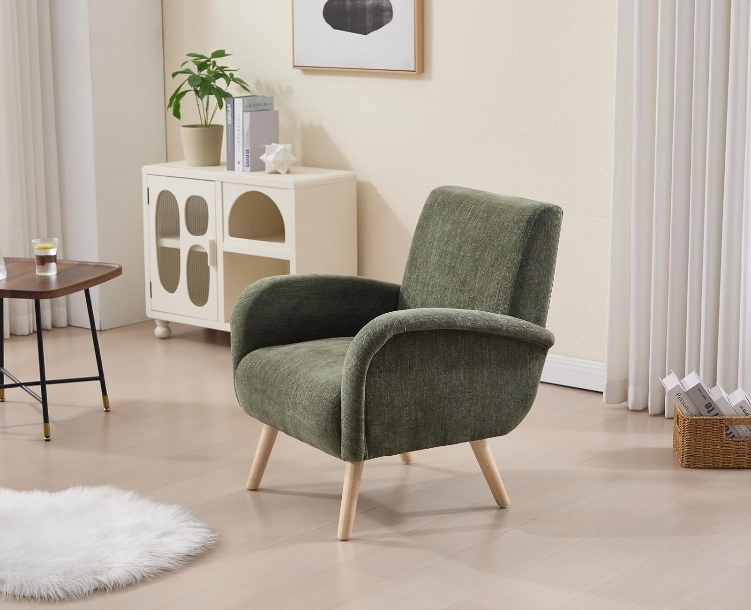 Green Chenille Accent Tub Chair Wooden Legs Modern Armchair