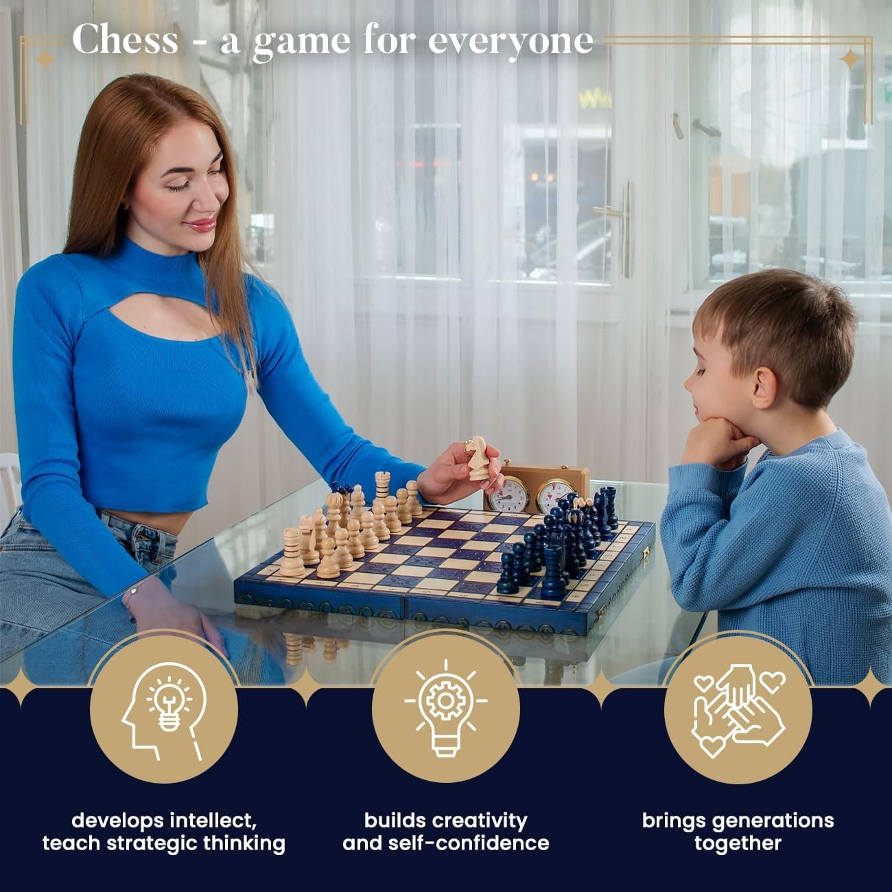 Luxury 42cm Wooden Chess Set XL | Handcrafted Blue Board & Pieces | Premium Gift
