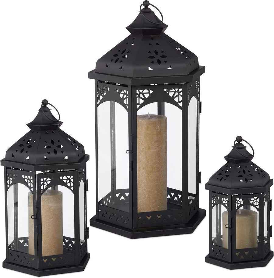 Set of 3 Black Metal Vintage Lanterns Candle Holders Indoor Outdoor