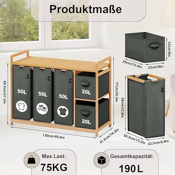 5-Compartment Bamboo Laundry Sorter with 3 Bags & 2 Drawers | 190L Organiser