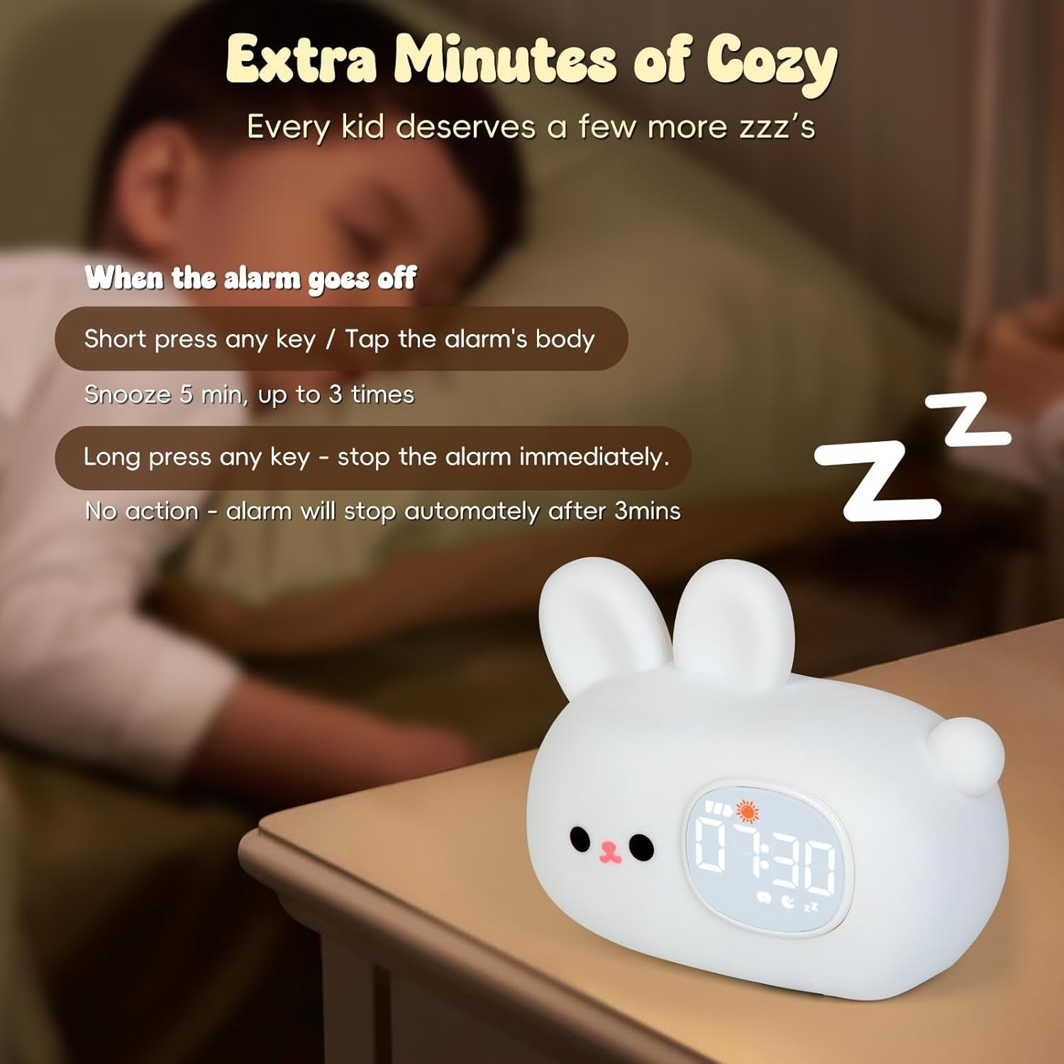 Kids Rabbit Alarm Clock with Night Light, Sleep Training & White Noise