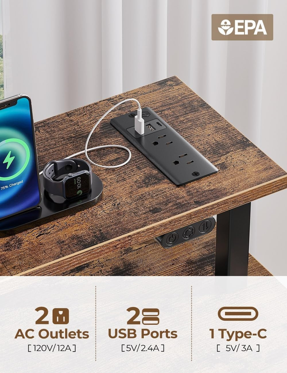 Rustic Brown 120cm Computer Desk w/Drawers, LED Lights & Power Outlets