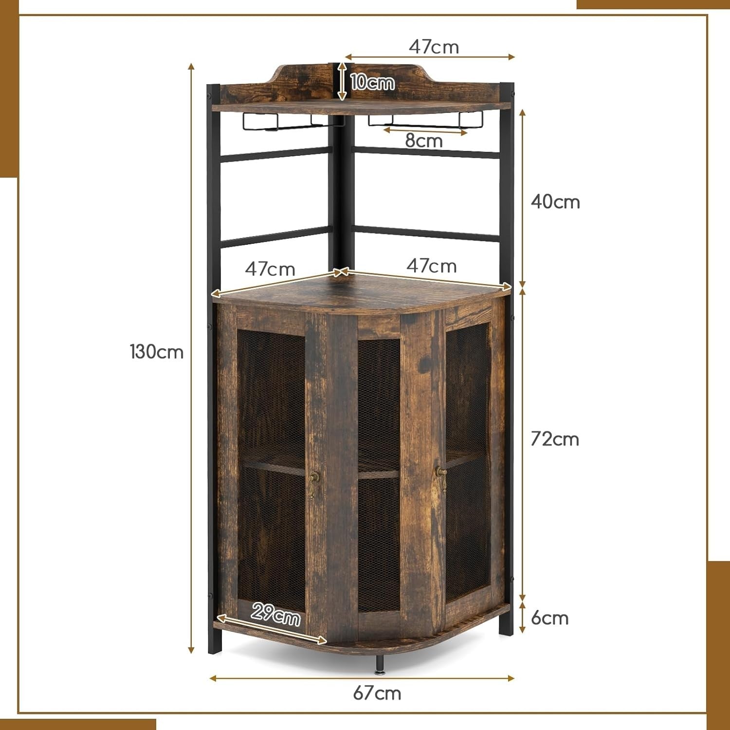 Corner Bar Cabinet Rustic Wine Storage with Glass Holder Mesh Doors
