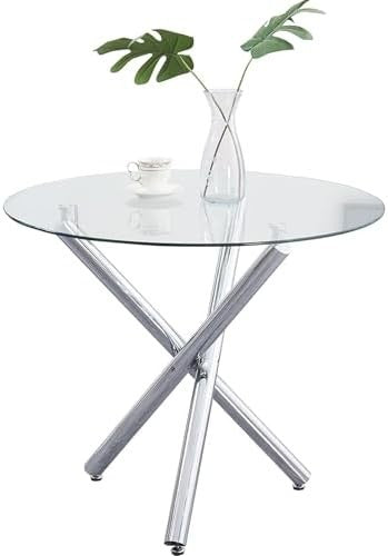 Round Glass Dining Table 90cm Silver 3-Leg Tempered Metal Modern