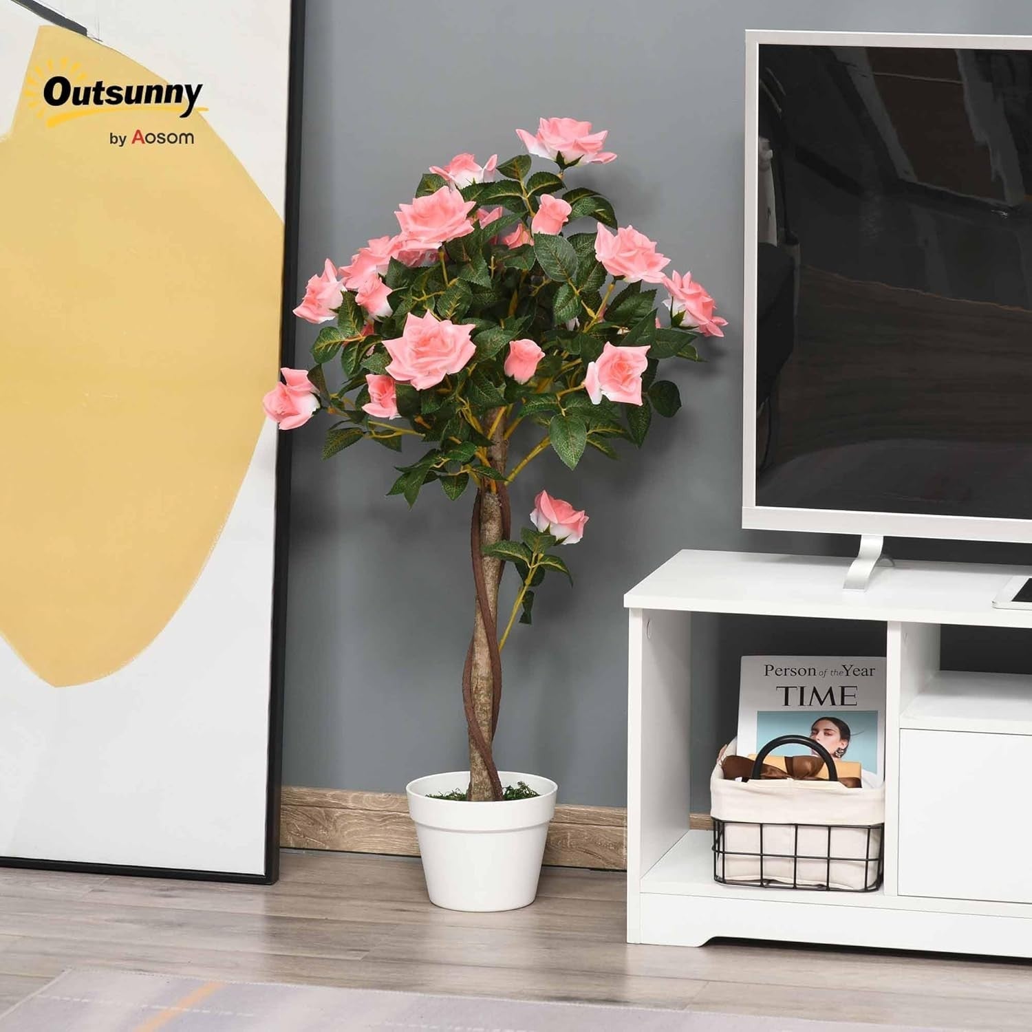 Artificial Rose Tree 90cm / 3ft Pink Faux Flower Plant Potted Home Garden Decor