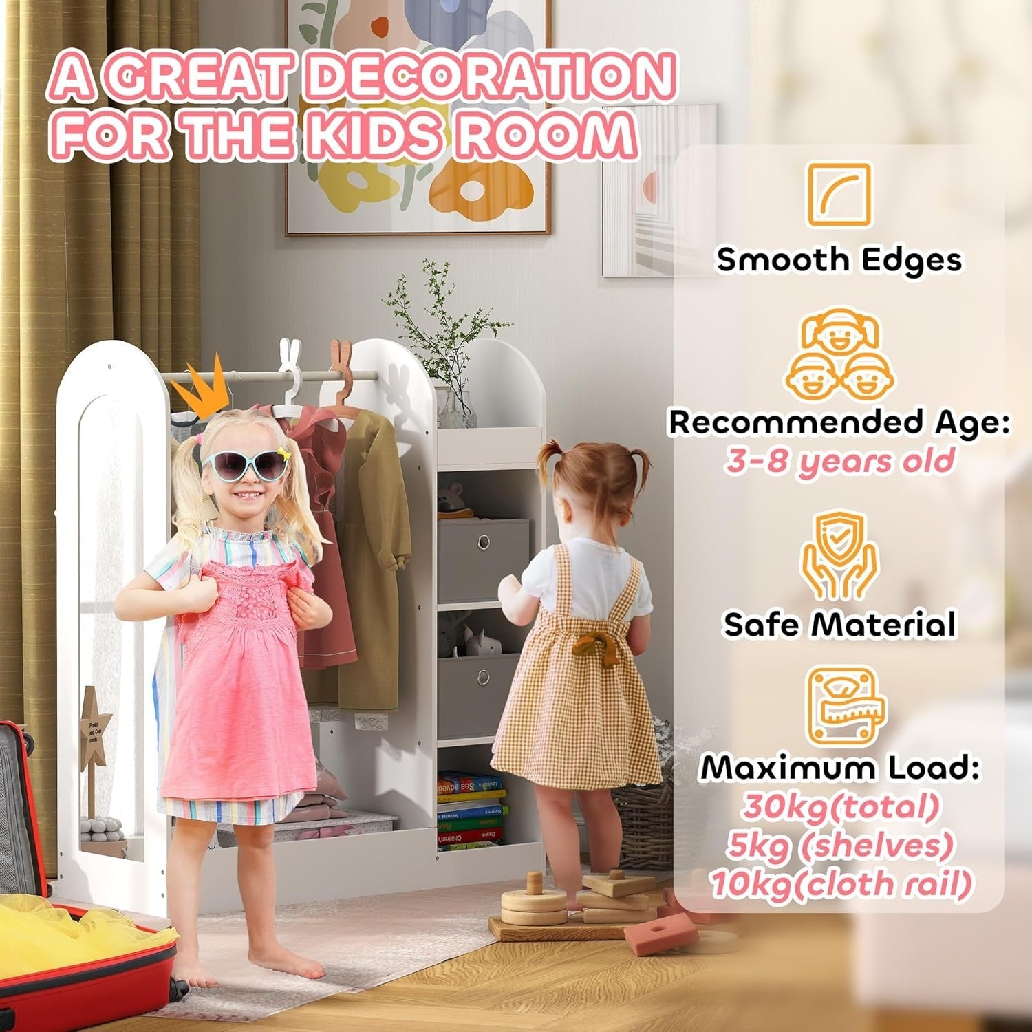 Kids Wardrobe with Mirror & Boxes, Dress Up Rail White
