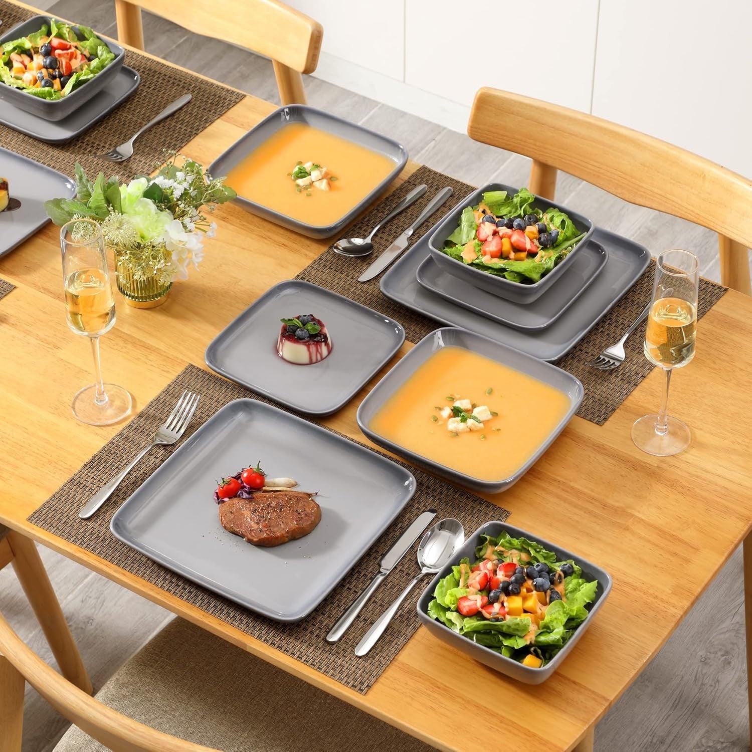 16pc Stoneware Dinner Set Square Plates Bowls Gradient Grey Modern