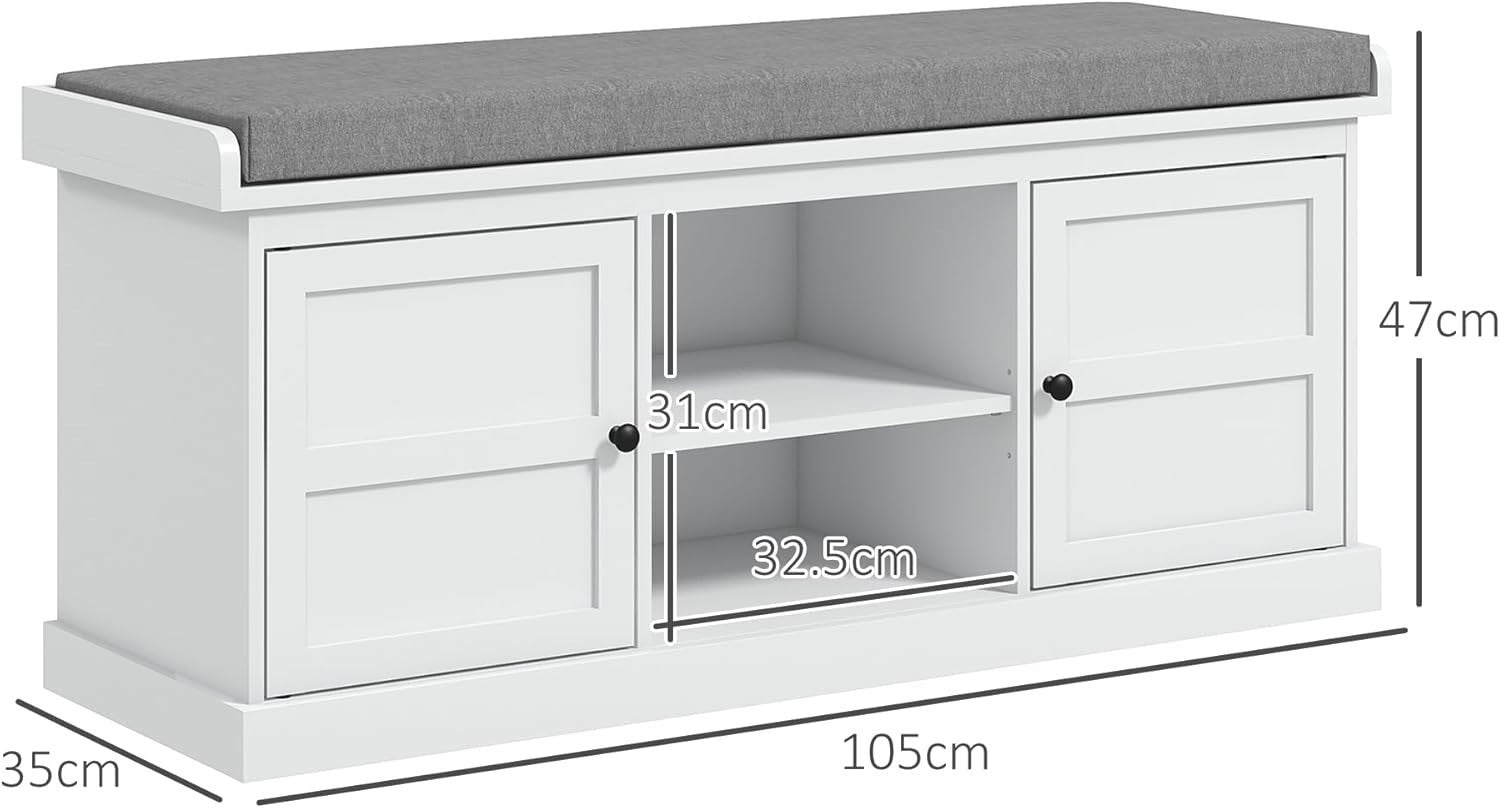 White Shoe Storage Bench with Cushion & 2 Cabinets – Modern Hallway Seat