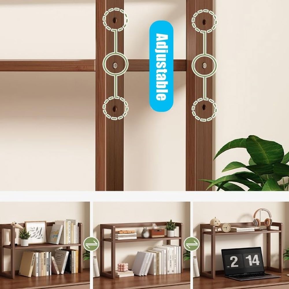 Adjustable Bamboo Desktop Bookshelf 2-Tier Desk Hutch Organizer Rack 52cm