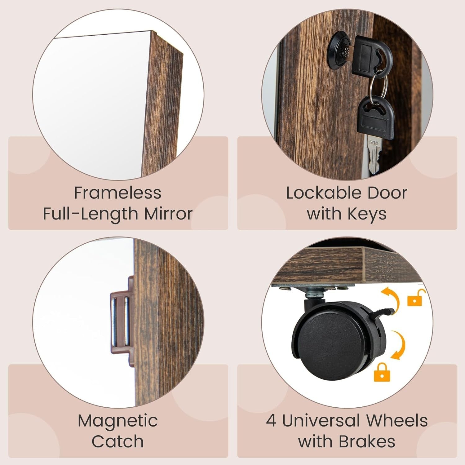 Swivel Jewelry Cabinet with LED Mirror Lockable Storage Wheels Rustic Brown
