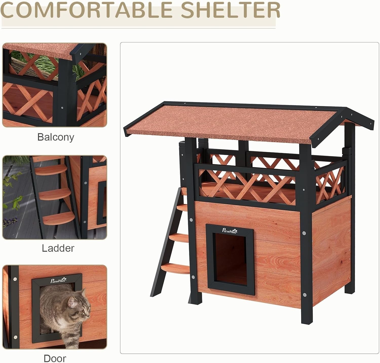 Outdoor Two-Tier Wooden Cat House with Balcony & Asphalt Roof, Weatherproof
