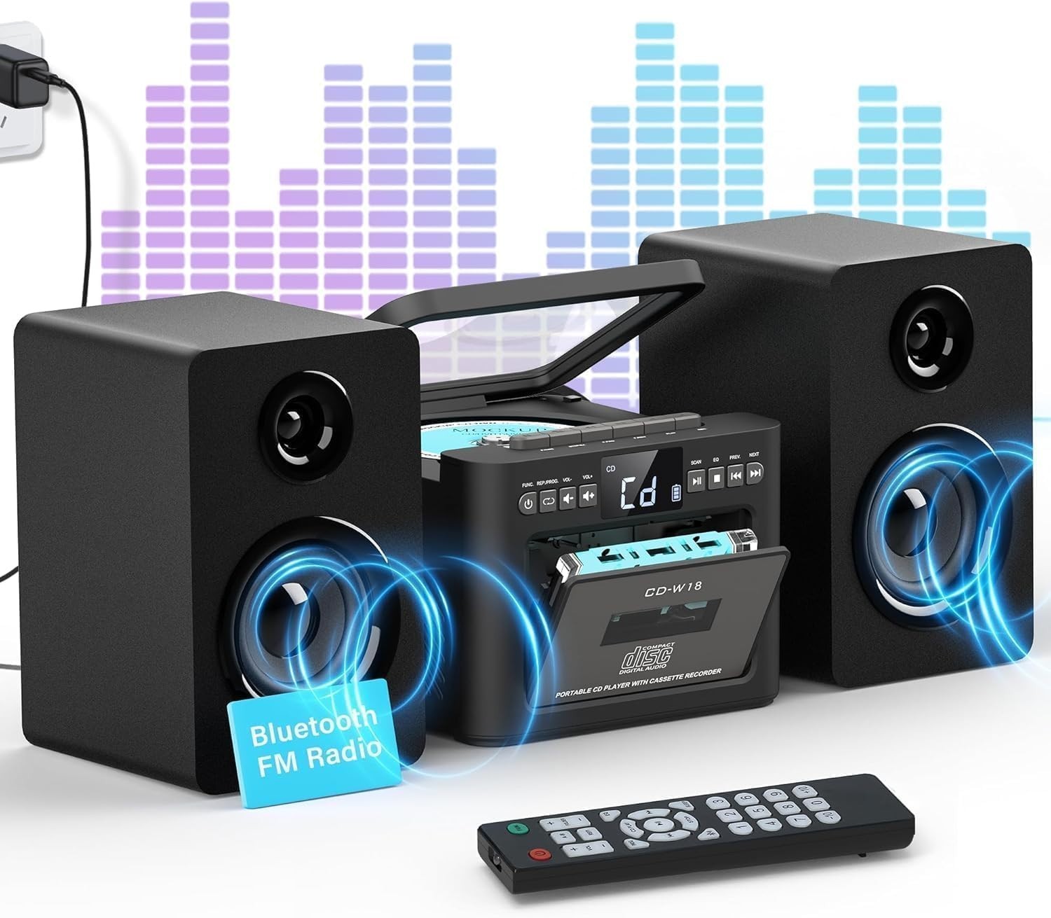 40W CD Cassette Player Hi-Fi System | Bluetooth, FM, USB, AUX, Remote Control