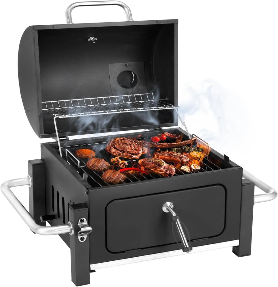 Portable Charcoal BBQ Smoker Grill with Thermometer – Dual Height Adjustable