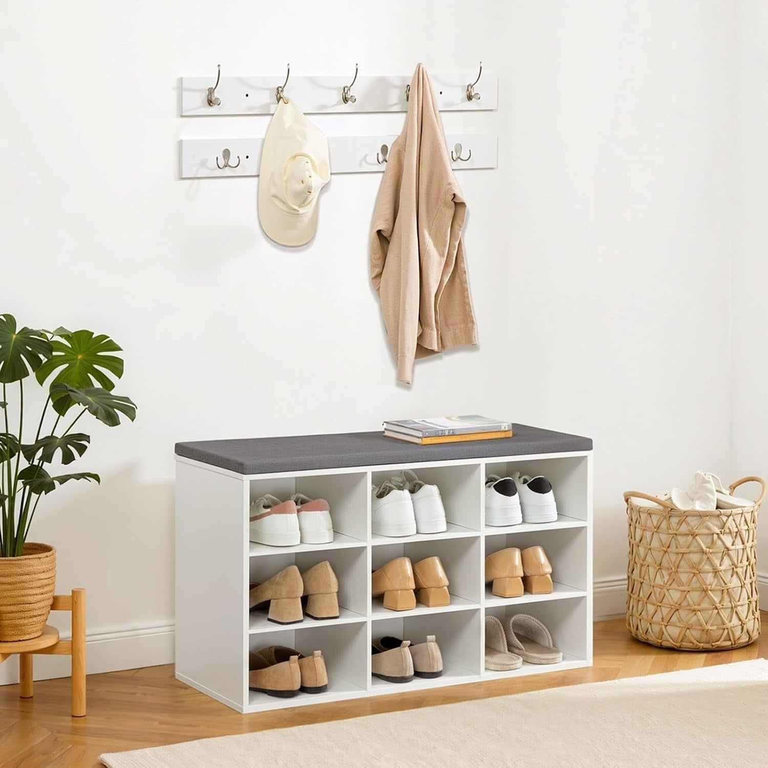 Shoe Storage Bench with Cushion & Hooks, 9 Cubbies, 80cm Hallway Unit