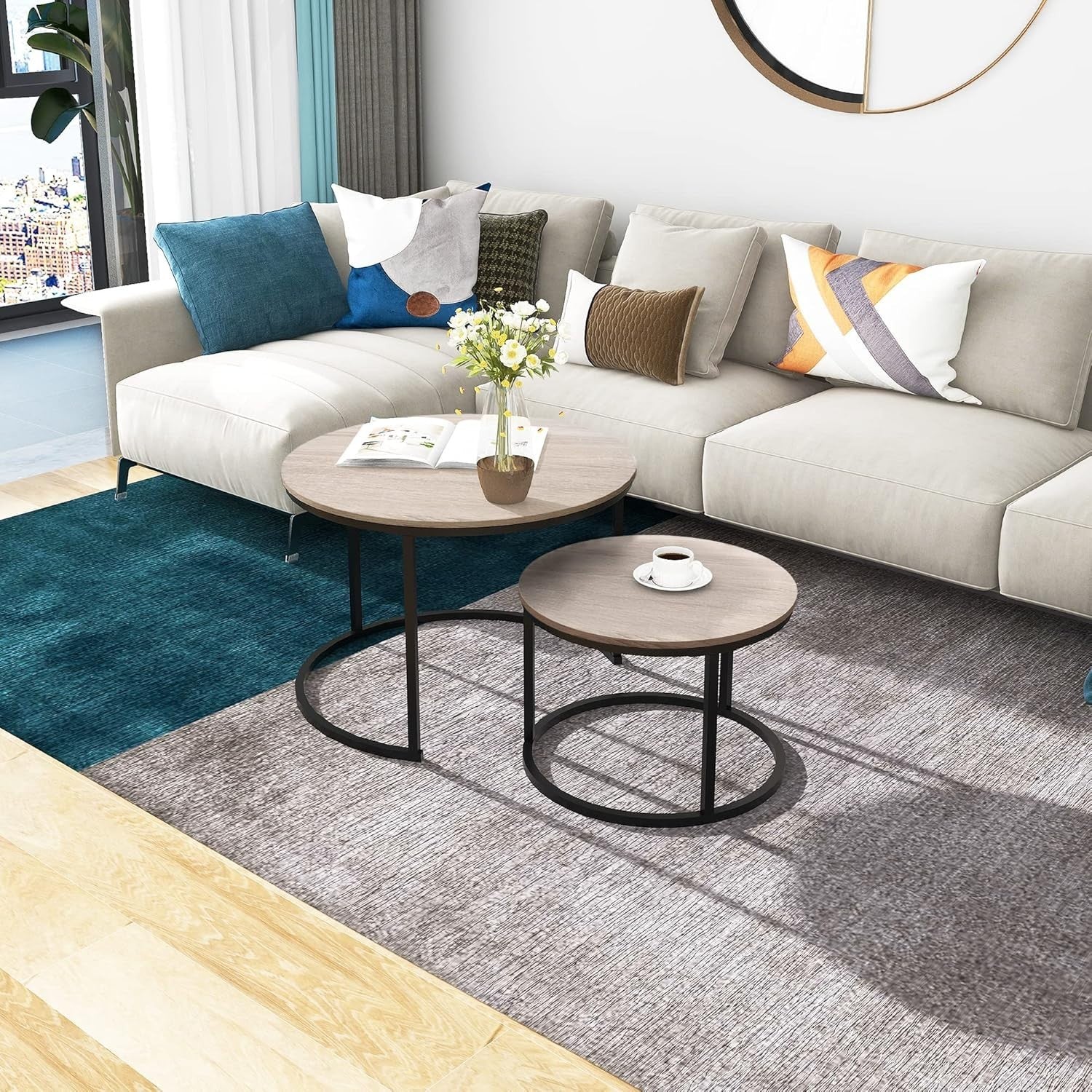 Nesting Coffee Table Set Wood Round Storage Side End Tables for Living Room