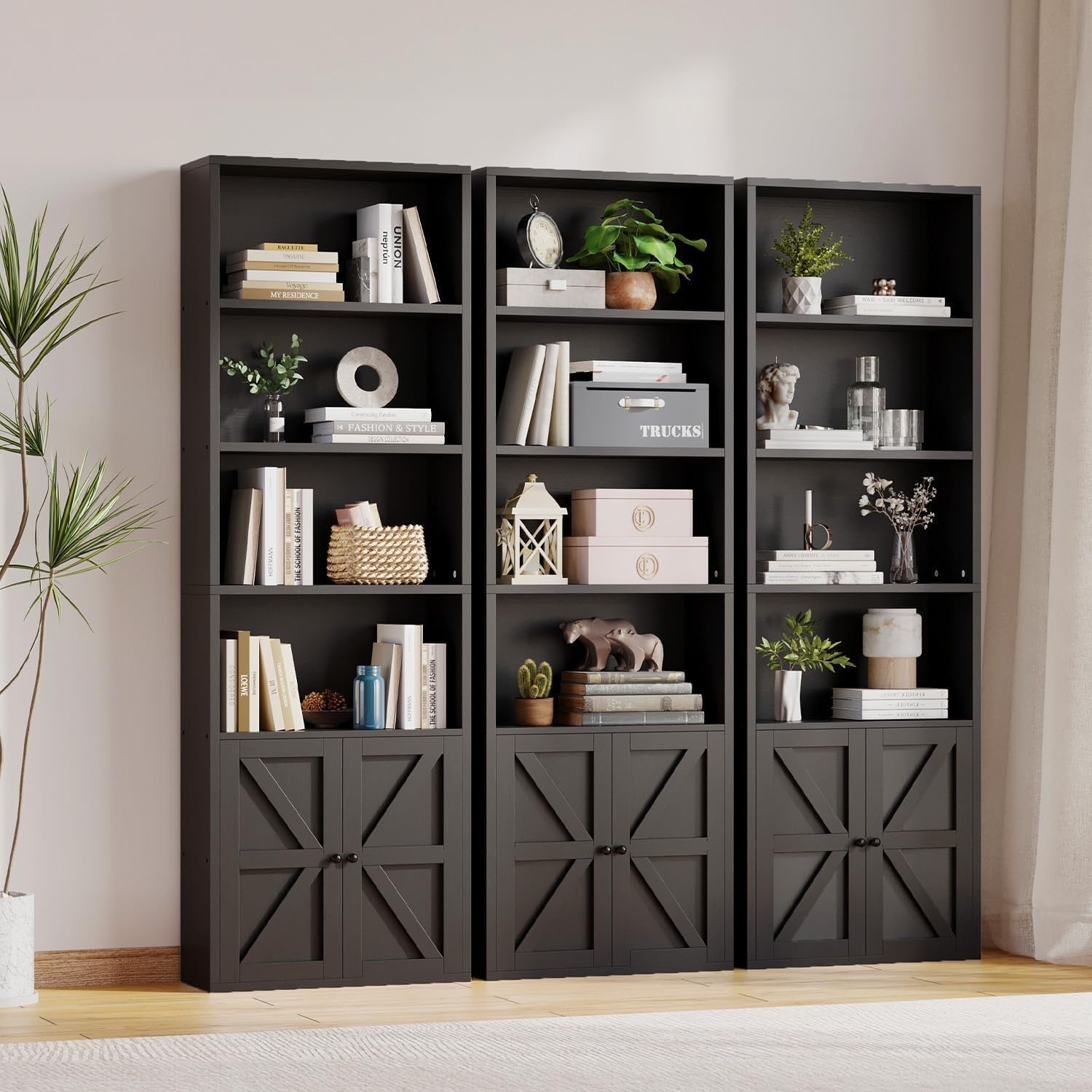 Tall Black 6-Tier Bookcase with Cabinet Doors Modern Storage & Display Unit 181