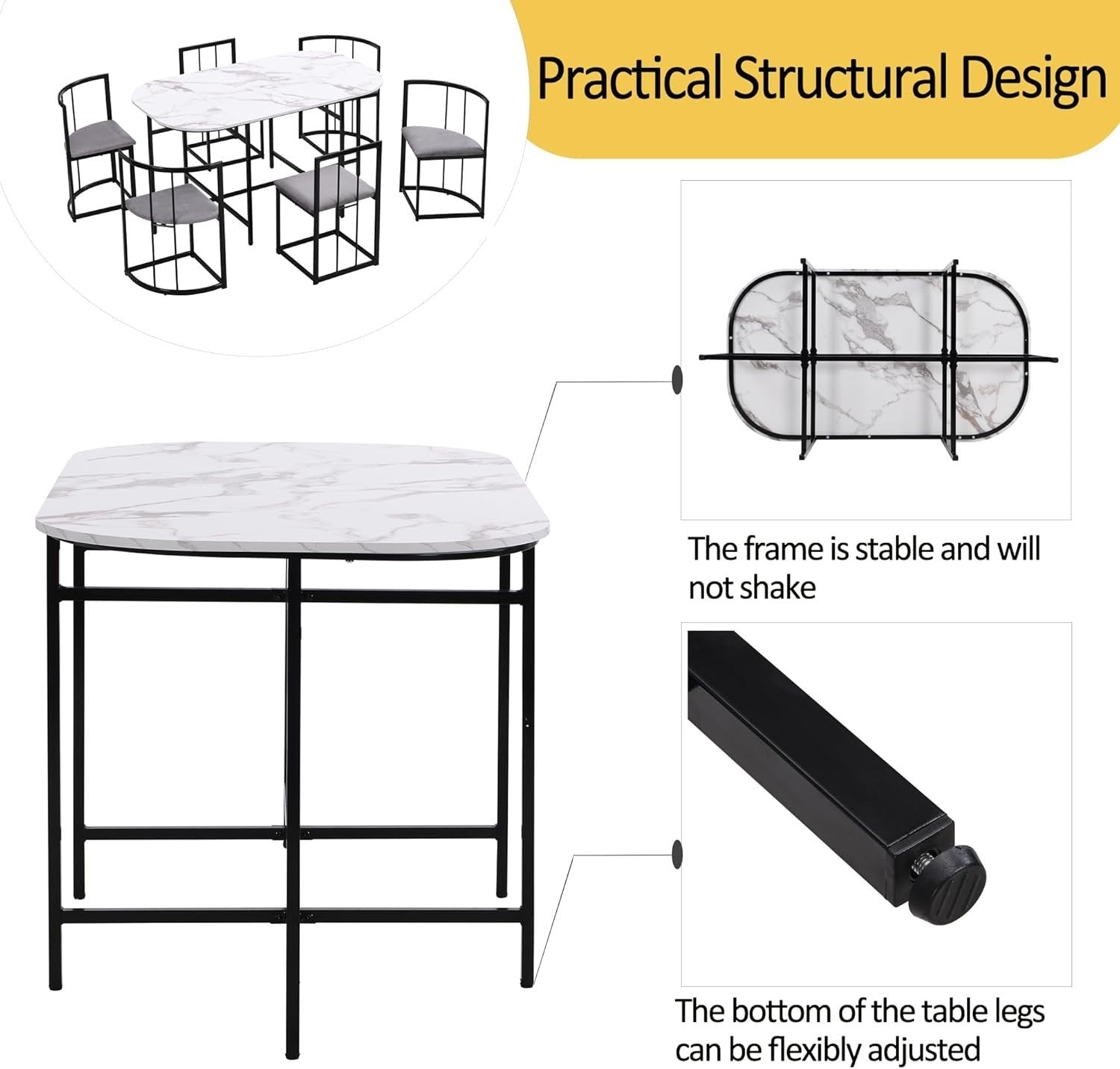 Modern 6-Piece Dining Table Set with Storage & Cushioned Chairs, 140x80x76cm