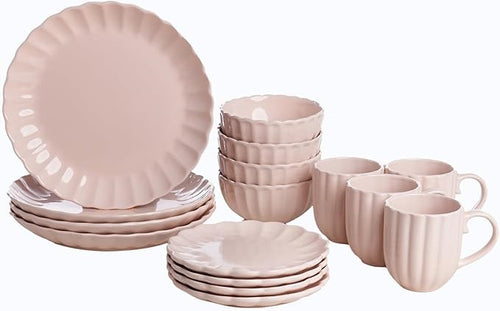 16 Piece Stoneware Dinner Set for 4 Plates Bowls Mugs Pink