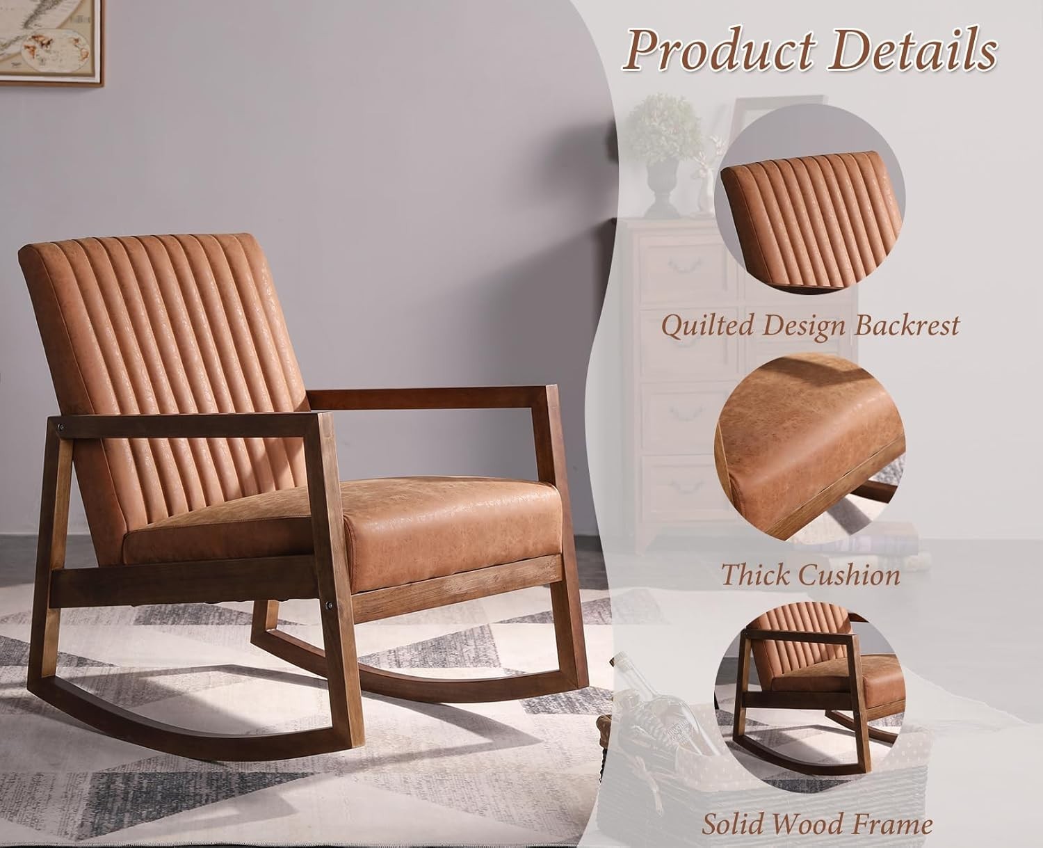 Cozy PU Leather Rocking Chair with Wood Frame, Quilted Backrest