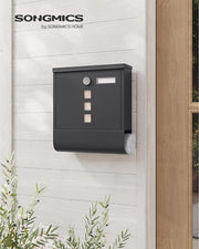 Secure Wall Mounted Mailbox Black with Lock, Newspaper Holder & Nameplate