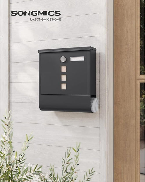 Secure Wall Mounted Mailbox Black with Lock, Newspaper Holder & Nameplate