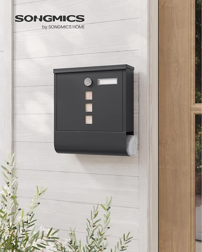 Secure Wall Mounted Mailbox Black with Lock, Newspaper Holder & Nameplate