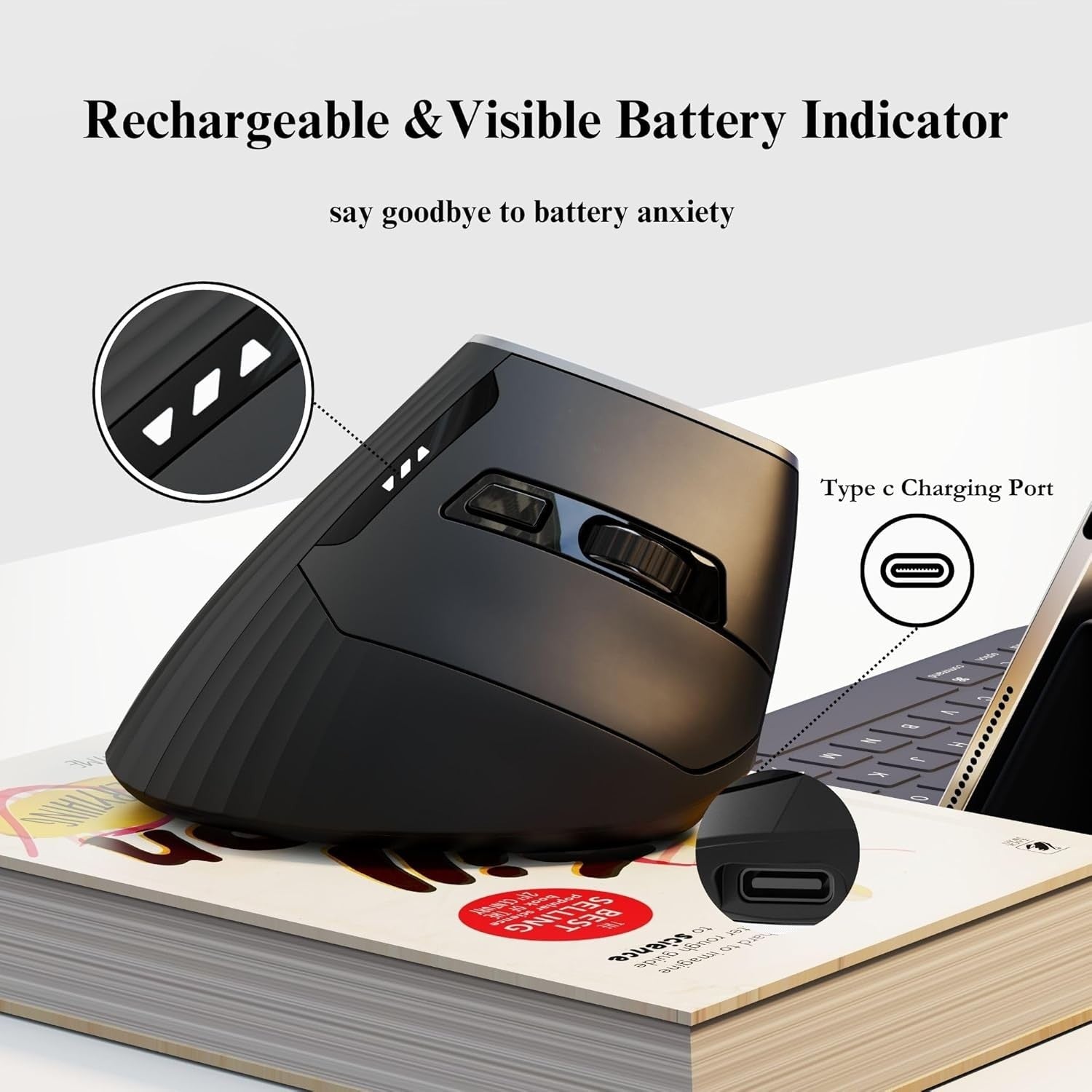 Vertical Ergonomic Wireless Mouse Bluetooth Rechargeable Black