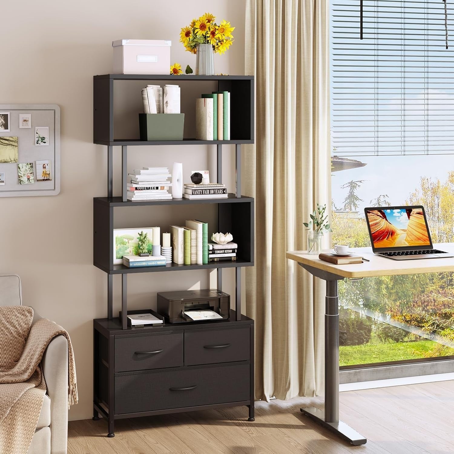 5 Tier Black Bookcase with 3 Fabric Drawers Metal Frame Storage Shelf 155cm
