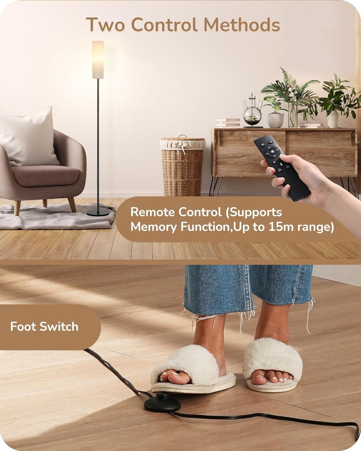 Dimmable Floor Lamp Remote Control Linen Shade Standing Light Black 165cm