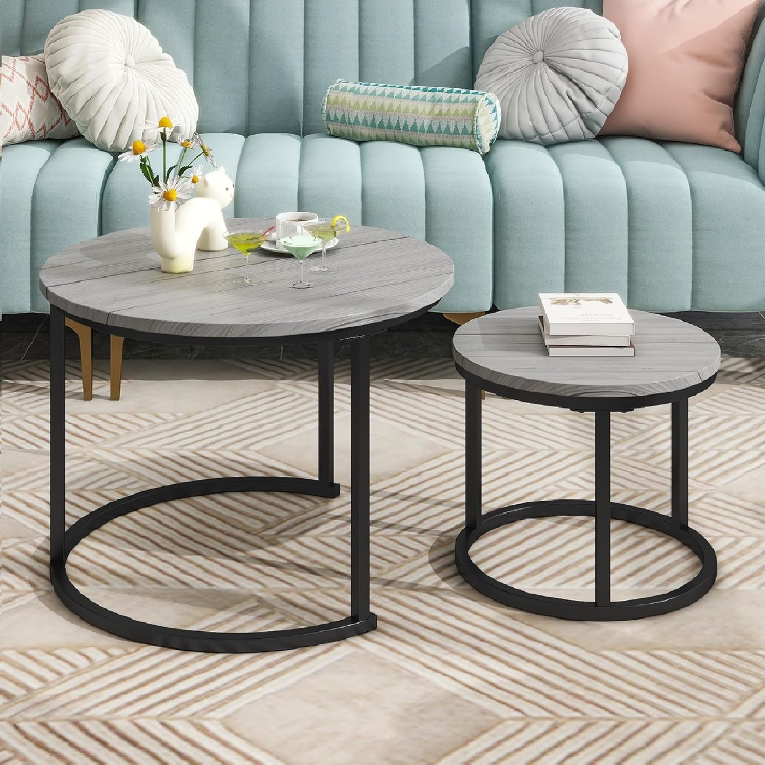 Round Nesting Coffee Table Set Grey Engineered Wood Steel Frame Space Saver