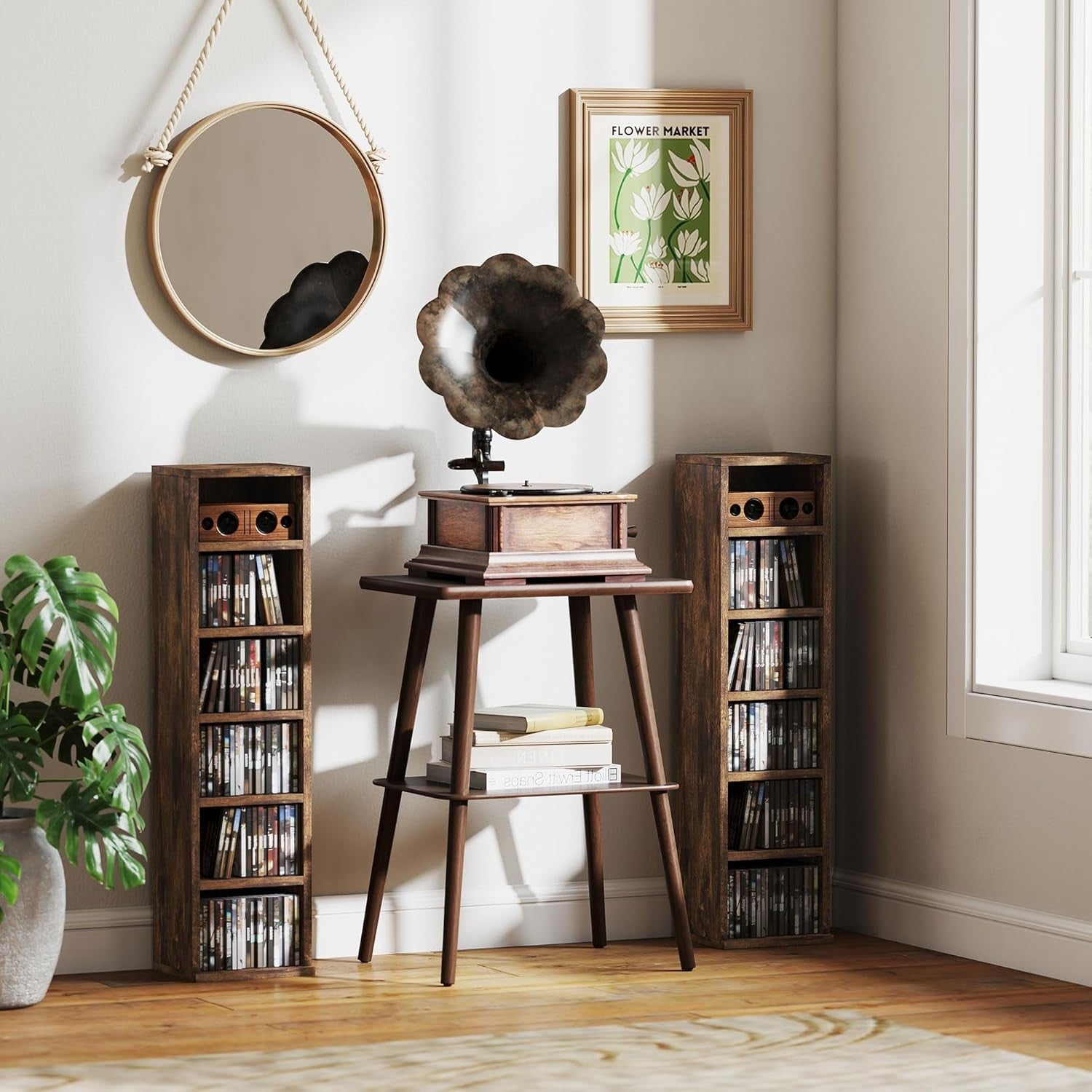 Set of 2 Rustic Brown Media Storage Towers – Adjustable CD DVD Blu-Ray Racks