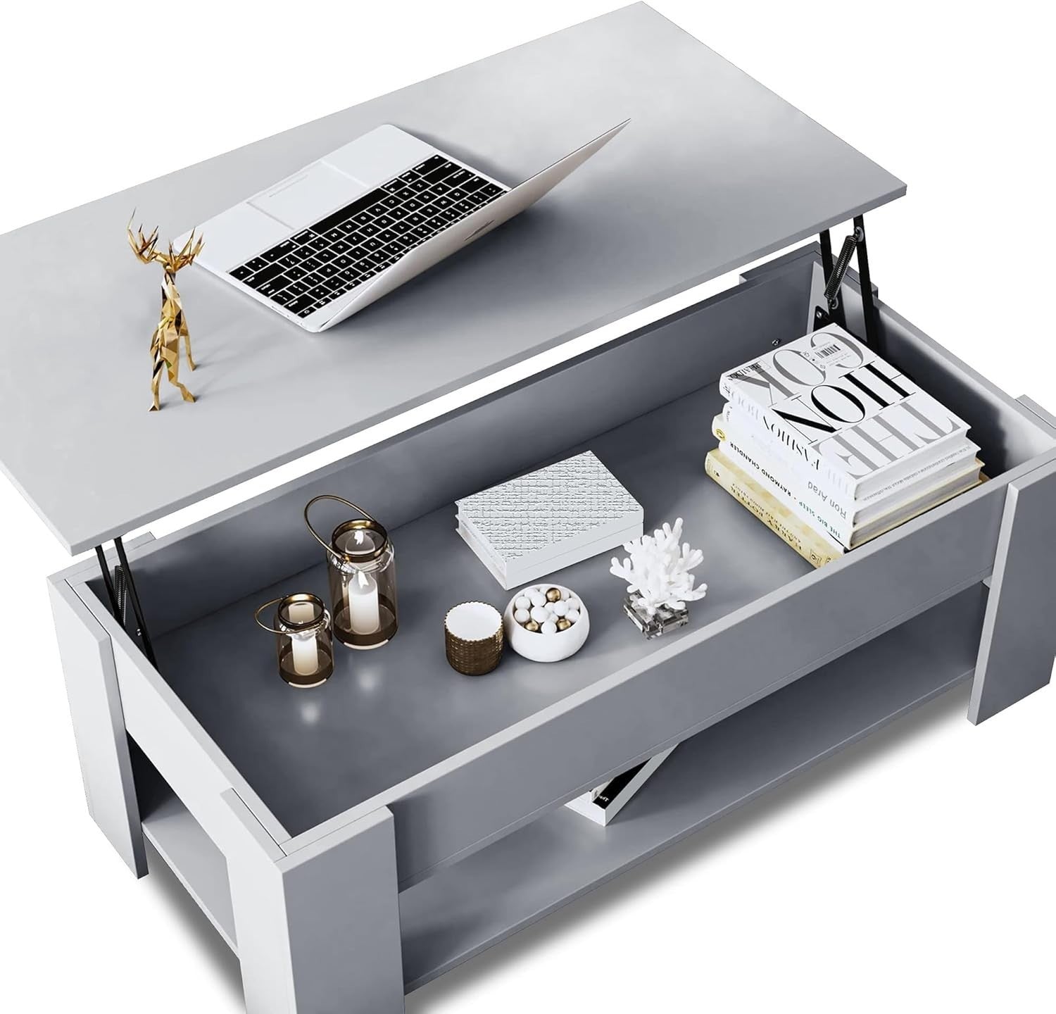 Lift Top Coffee Table with Hidden Storage – Grey Wooden Table 100x50cm
