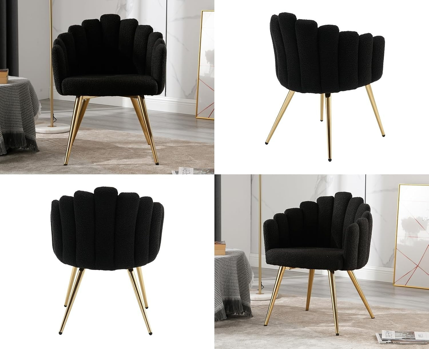 Black Faux Fur Accent Armchair – Modern Lounge Chair with Metal Legs & Arms