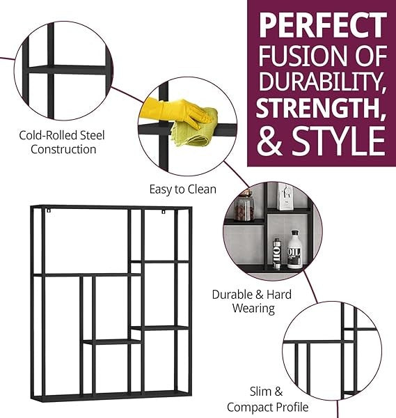 Modern Black Metal Wall Shelf Unit – Floating Display Rack for Living Room