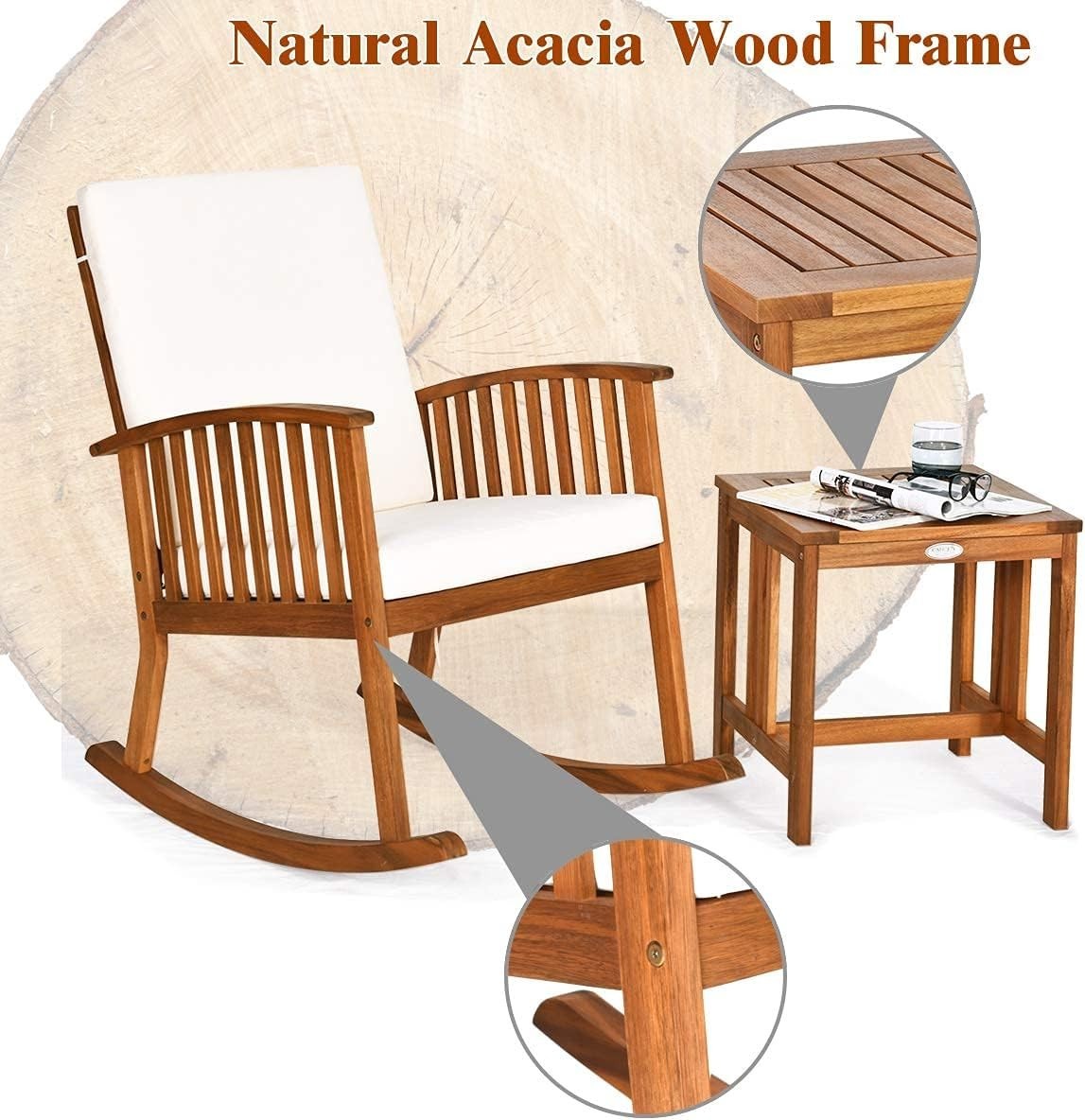 Garden Rocking Chair with Side Table, Acacia Wood, Padded Seat Outdoor Set