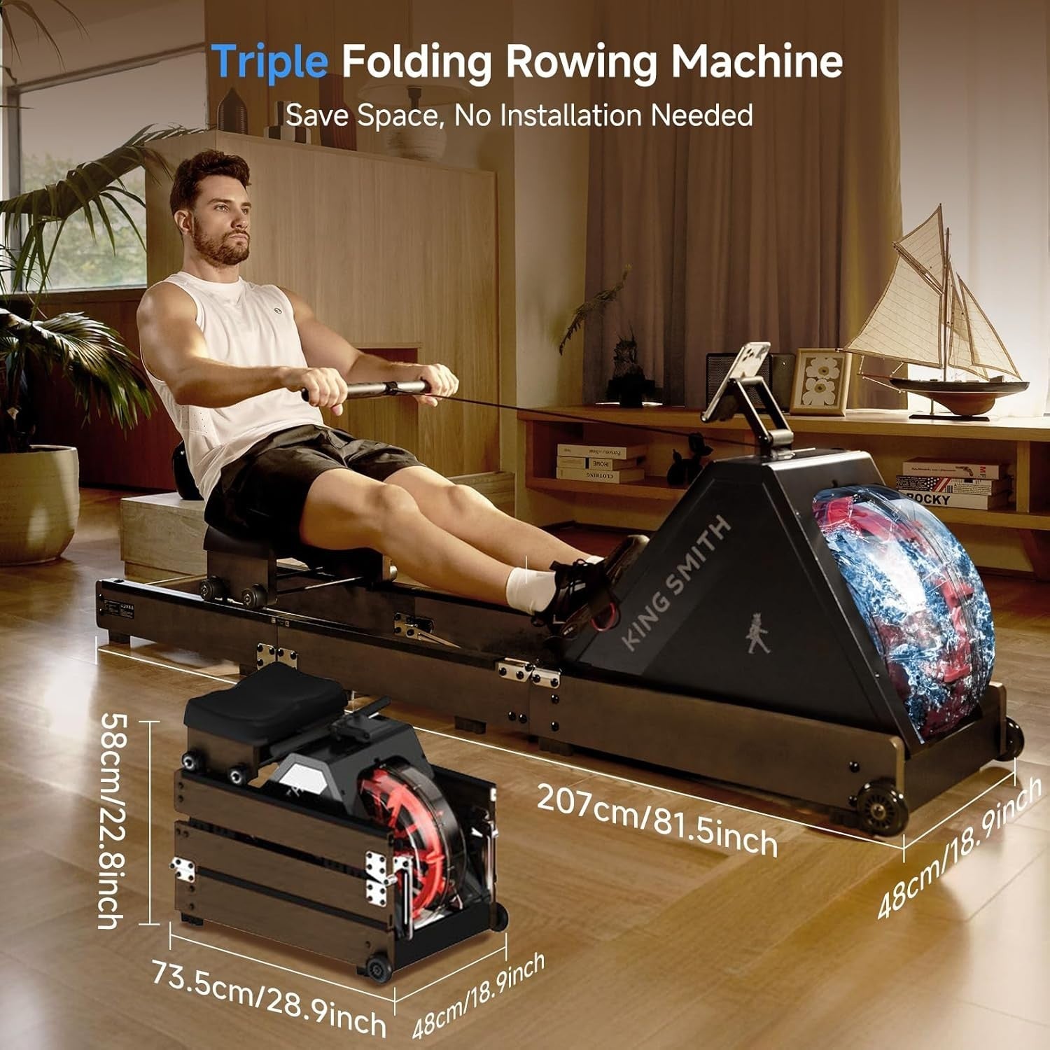 Triple-Folding Water Rowing Machine 6-Level Resistance LCD App Rower 150KG