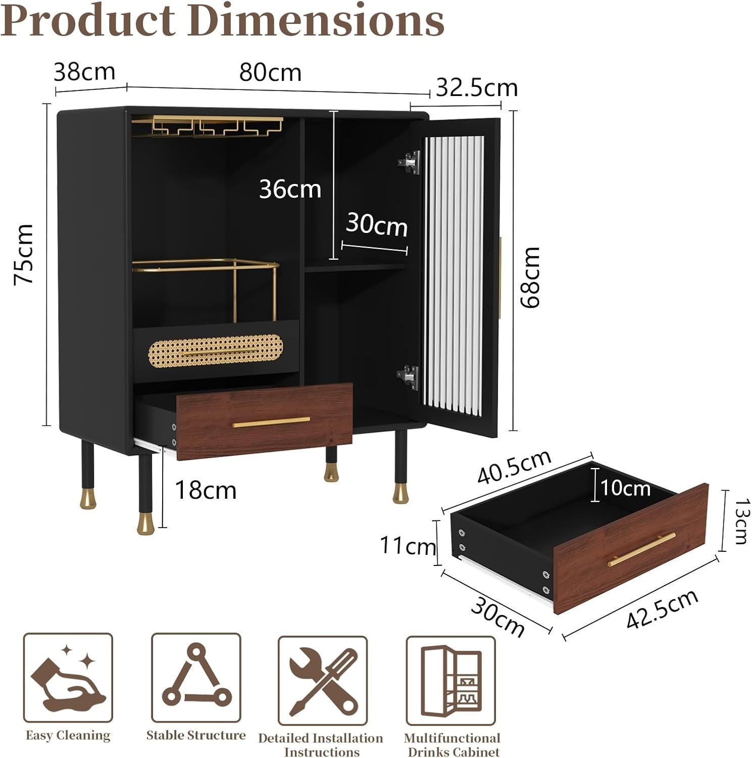 Modern Drinks Cabinet Black Sideboard Bar Unit with Wine Glass Rack & Drawers