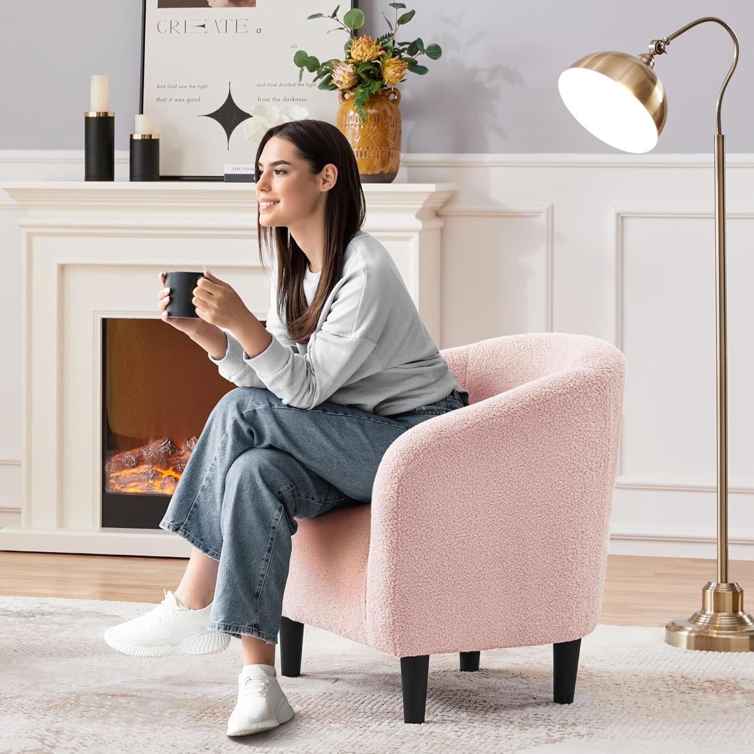 Pink Boucle Accent Tub Chair | Cozy Armchair for Bedroom, Living Room, Café